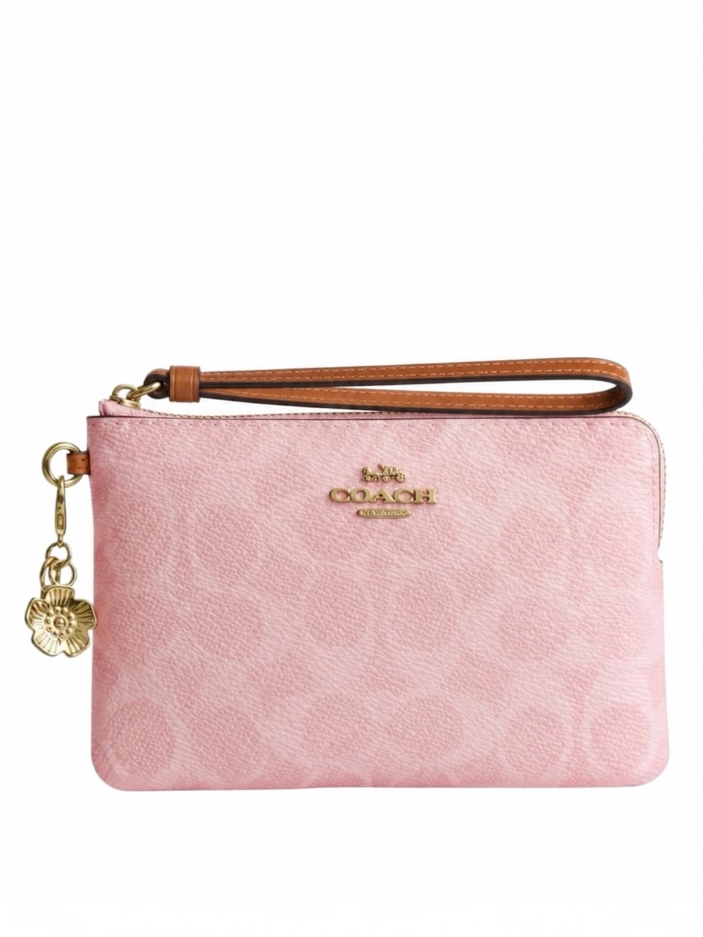 Coach Wristlet Pink Signature Canvas With Charms Corner Zip